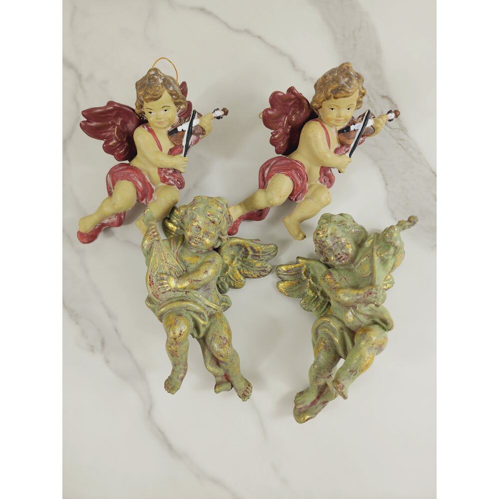 Ornaments Baroque Cherubs Angels Playing Violin 6" Christmas x4 Blow Mold Vtg